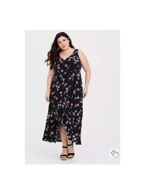 Torrid Black Floral Ruffle Bottom Challis Midi Dress Sz.1
